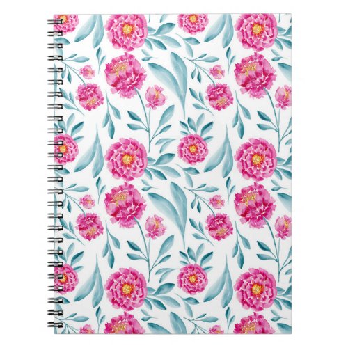 Bright Pink Teal Watercolor Summer Floral Pattern Notebook