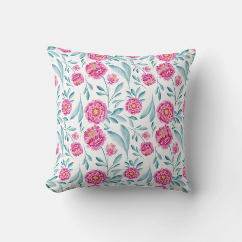 Bright Pink Teal Watercolor Summer Floral Pattern Outdoor Pillow