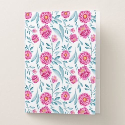 Bright Pink Teal Watercolor Summer Floral Pattern Pocket Folder