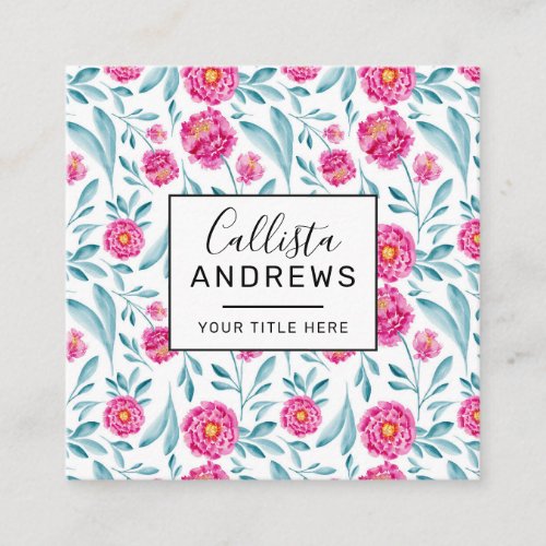 Bright Pink Teal Watercolor Summer Floral Pattern Square Business Card