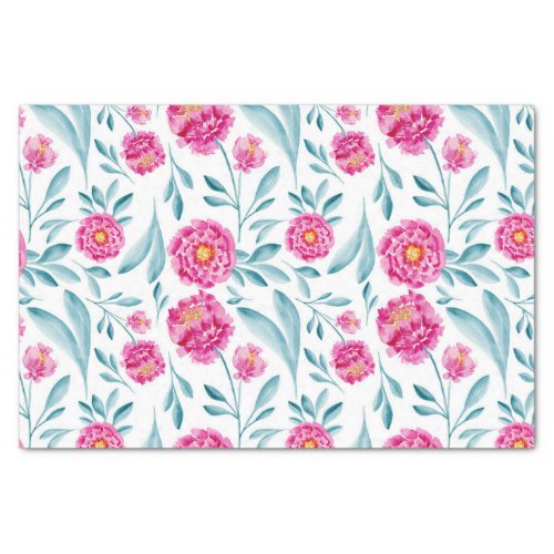 Bright Pink Teal Watercolor Summer Floral Pattern Tissue Paper