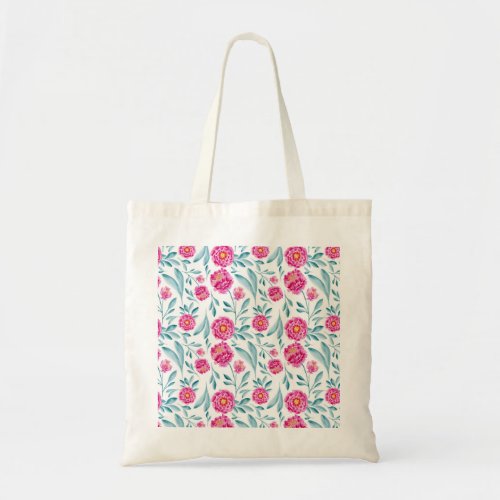 Bright Pink Teal Watercolor Summer Floral Pattern Tote Bag