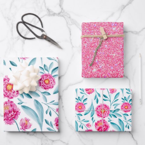 Bright Pink Teal Watercolor Summer Floral Pattern Wrapping Paper Sheets