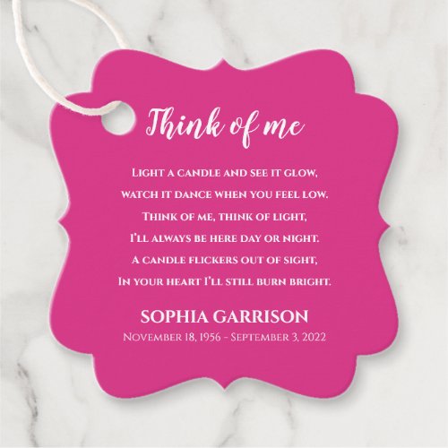 Bright Pink Think Of Me Celebration of Life Candle Favor Tags