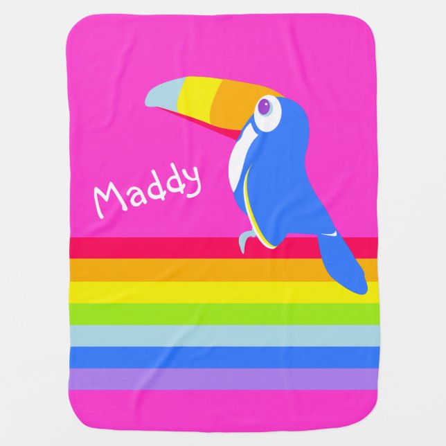 Bright pink toucan bird rainbow name blanket (Front)
