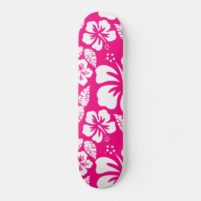 Bright Pink Tropical Hibiscus Flowers Skateboard Deck (Front)