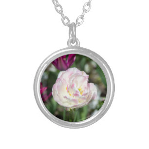 Bright pink tulips on a sunny day silver plated necklace