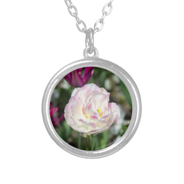 Bright pink tulips on a sunny day    silver plated necklace (Front)
