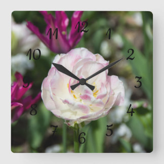 Bright pink tulips on a sunny day square wall clock