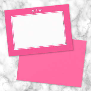 Bright Pink Two Border Minimalist Monogram Note Card