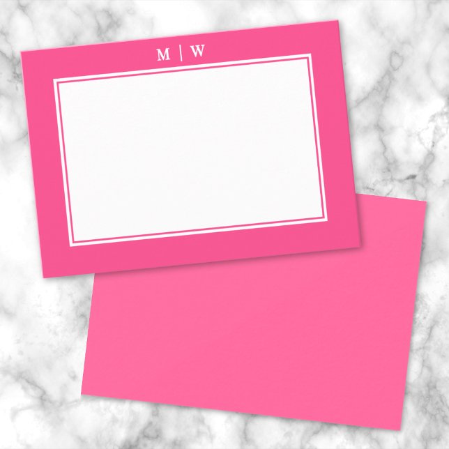 Bright Pink Two Border Minimalist Monogram Note Card (Bright Pink Two Border Minimalist Monogram Note Card)