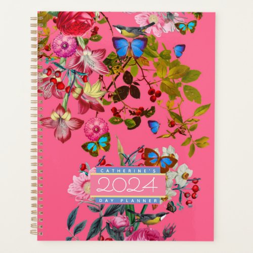 Bright Pink Vintage Rose Garden 2024 Day Planner