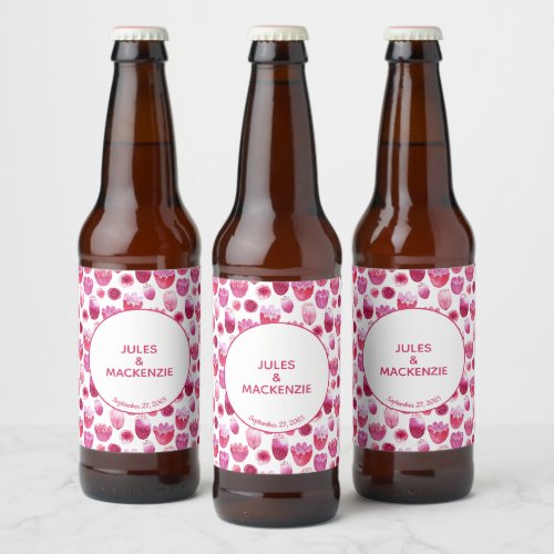 Bright Pink Watercolor Blossom Floral Blossom Beer Bottle Label