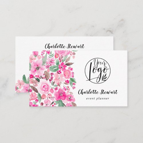 Bright pink watercolor event planner logo business card