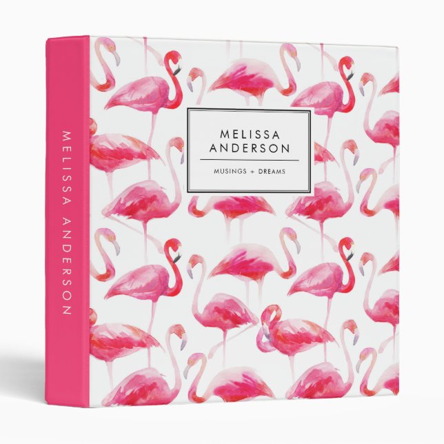 Bright Pink Watercolor Flamingo Pattern 3 Ring Binder (Front/Spine)