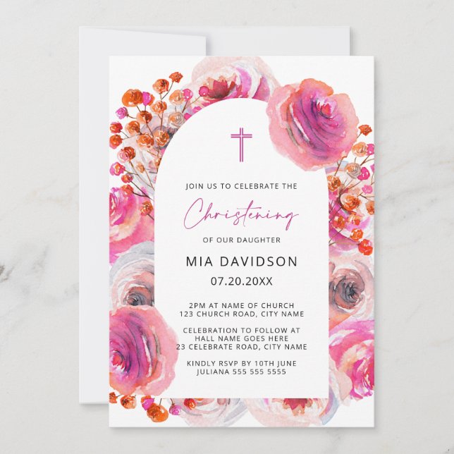 Bright Pink Watercolor Floral Arch Christening Inv Invitation (Front)