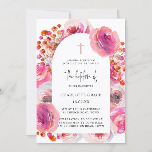 Bright Pink Watercolor Floral Arch Christening Inv Invitation