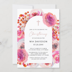 Bright Pink Watercolor Floral Arch Christening Invitation