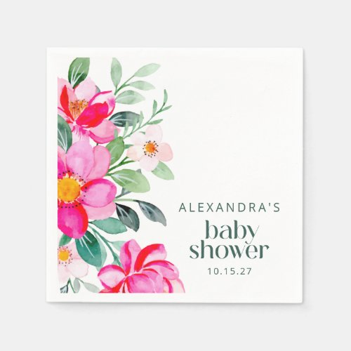 Bright Pink Watercolor Floral Baby Shower Custom Napkins