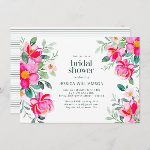 Bright Pink Watercolor Floral Border Bridal Shower Invitation