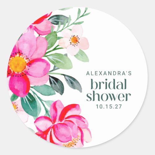 Bright Pink Watercolor Floral Bridal Shower Custom Classic Round Sticker