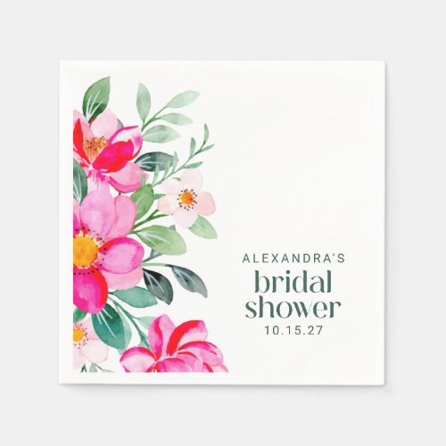 Bright Pink Watercolor Floral Bridal Shower Custom Napkins