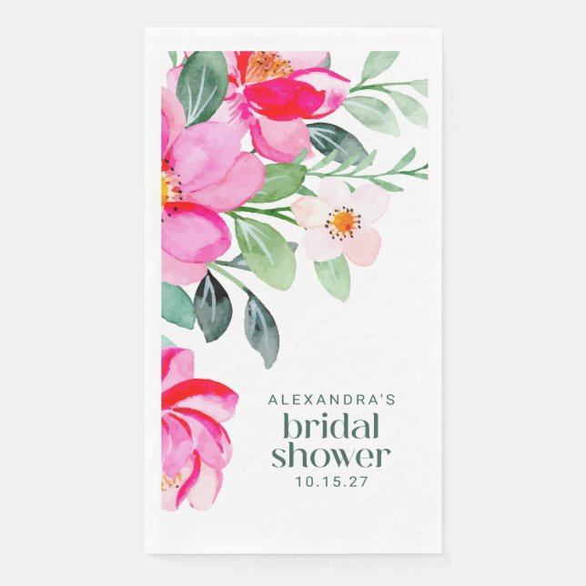 Bright Pink Watercolor Floral Bridal Shower Custom Paper Guest Towels (Front)