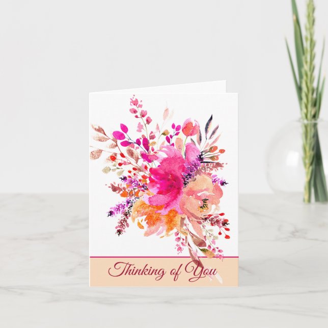 Bright pink watercolor floral customizable note card (Front)
