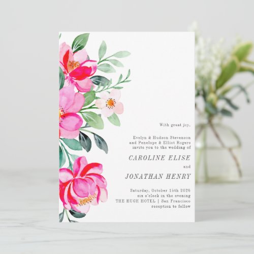 Bright Pink Watercolor Floral Formal Wedding  Invitation