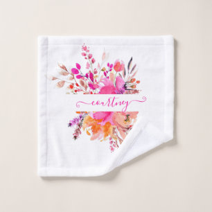 Bright pink watercolor floral personalized bath towel set