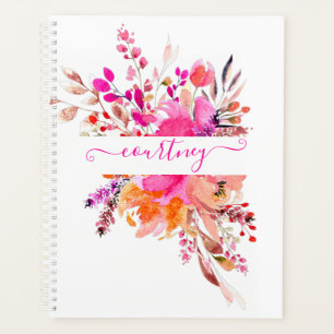 Bright pink watercolor floral personalized   planner