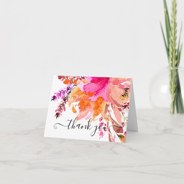 Bright pink watercolor floral thank you card (Front)