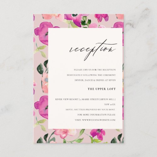 Bright Pink Watercolor Floral Wedding Reception Enclosure Card