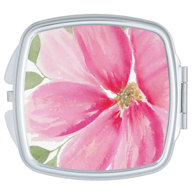 Bright Pink Watercolor Flower Bridesmaid Gift Compact Mirror (Side)