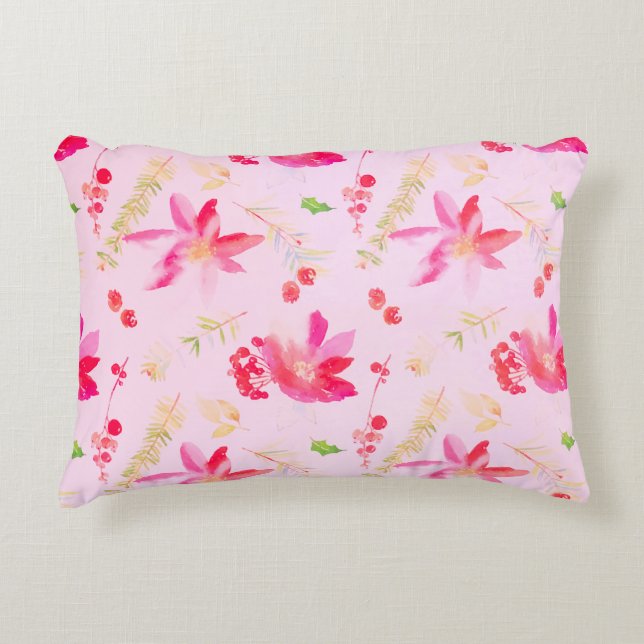 Bright Pink Watercolor Flowers Accent Pillow (Front)