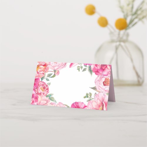 Bright Pink Watercolor Peonies Floral Wedding Place Card