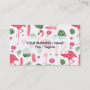 Bright pink watercolor tropical flamingo floral business card