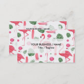 Bright pink watercolor tropical flamingo floral business card (Front/Back)