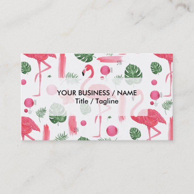 Bright pink watercolor tropical flamingo floral business card (Front)