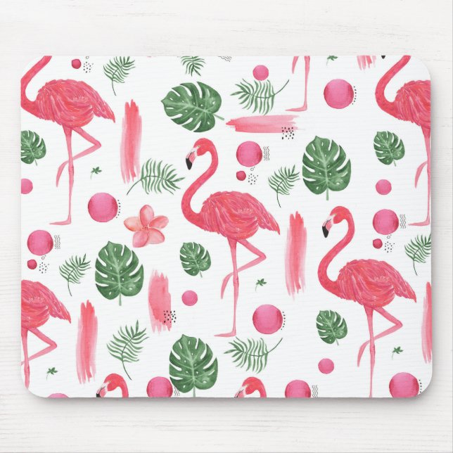 Bright pink watercolor tropical flamingo floral mouse pad (Front)