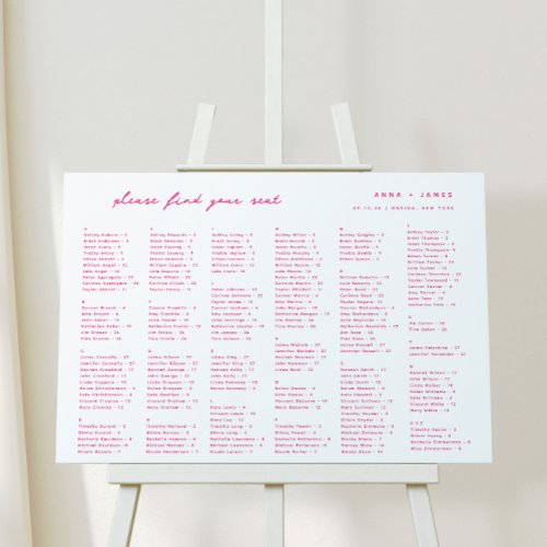 Bright Pink Wedding Alphabetical Seating Chart Foam Board