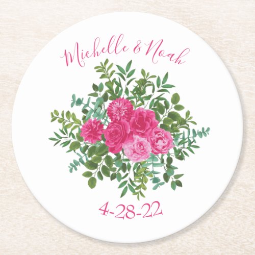 Bright Pink Wedding Roses Floral Modern Round Paper Coaster