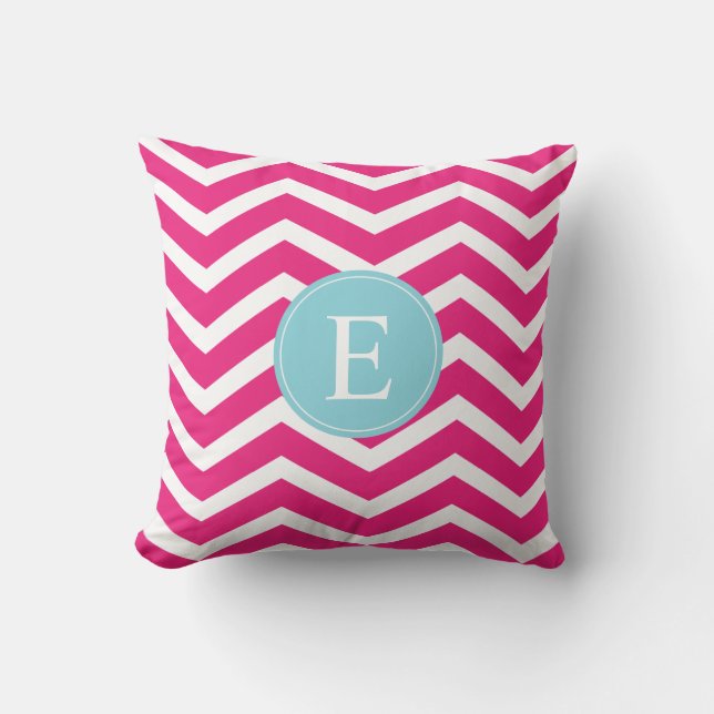 Bright Pink White Chevron Blue Monogram Throw Pillow (Front)