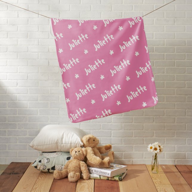 Bright Pink White Custom Repeating Name Baby Blanket (In Situ)