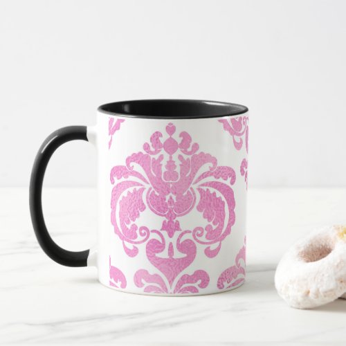 Bright Pink  White Elegant Chic Damask Pattern Mug