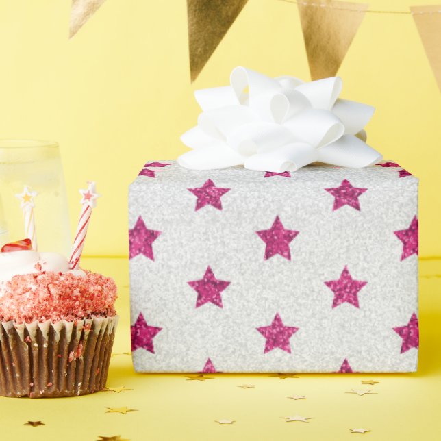 Bright Pink & White Faux-Glitter Star Pattern Wrapping Paper (Birthday Party)
