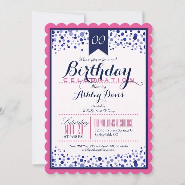 Bright Pink, White, Navy Blue Birthday Party Invitation (Front)