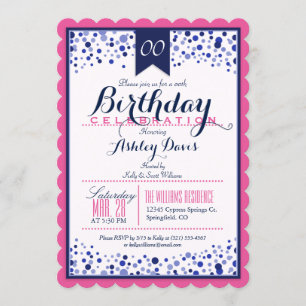 Bright Pink, White, Navy Blue Birthday Party Invitation