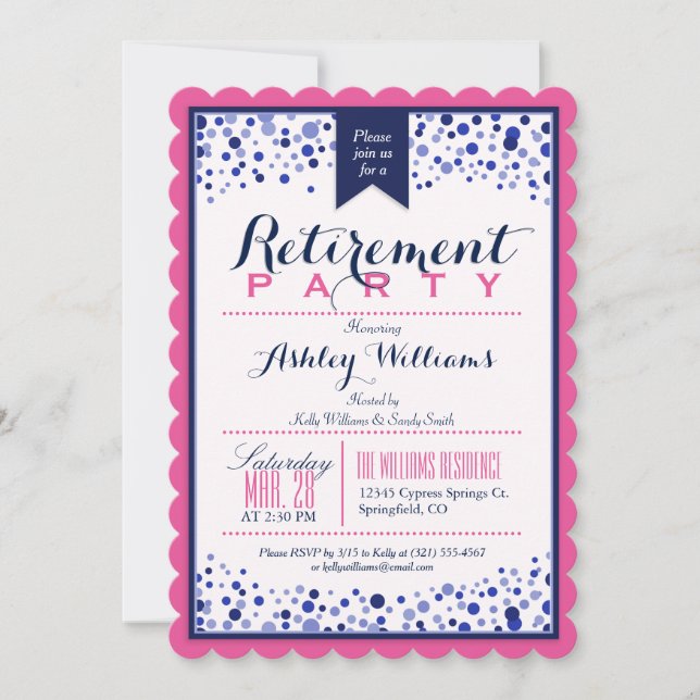Bright Pink, White, Navy Blue Retirement Party Invitation (Front)