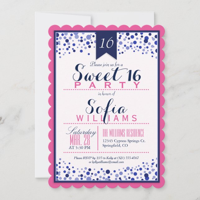 Bright Pink, White, Navy Blue Sweet 16 Party Invitation (Front)